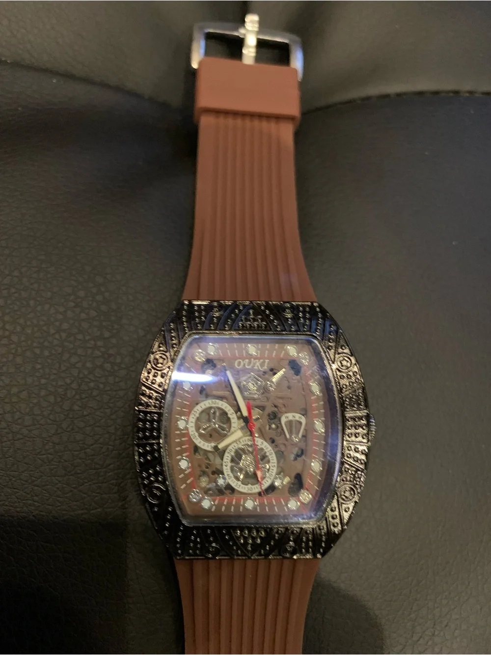 OUKI Men’s Skeleton Style Tonneau Watch Black Brown Luxury Look